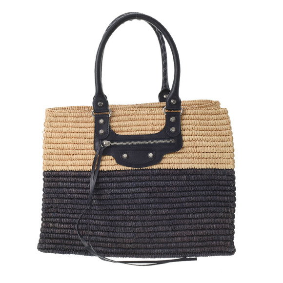 Balenciaga Handbags - BALENCIAGA Basket Bag Natural Navy Blue Raffia Leather Handbag